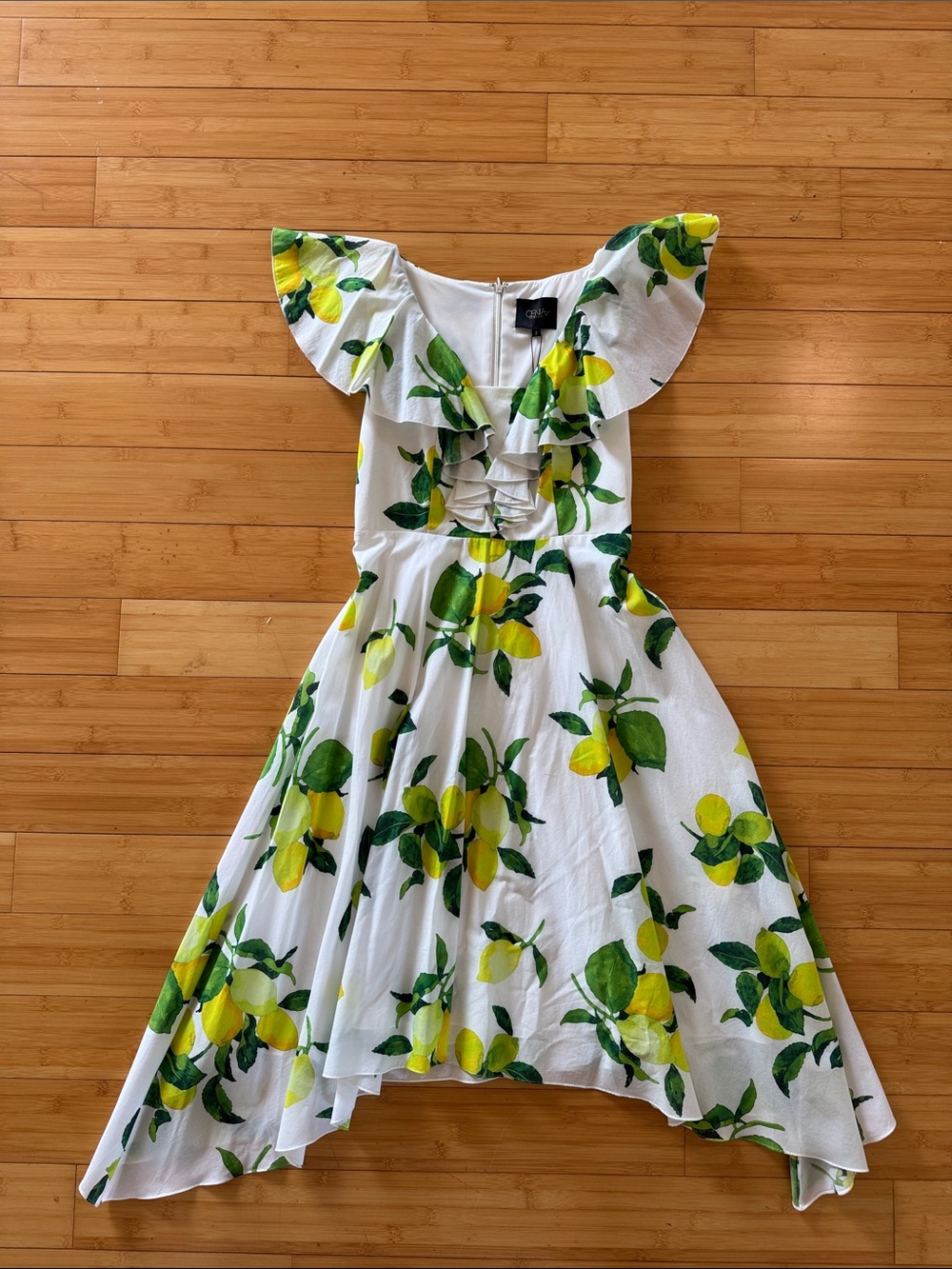 White Lemon-Print High-Low Ruffle Dress with Green Leaves - Picture 1 of 7